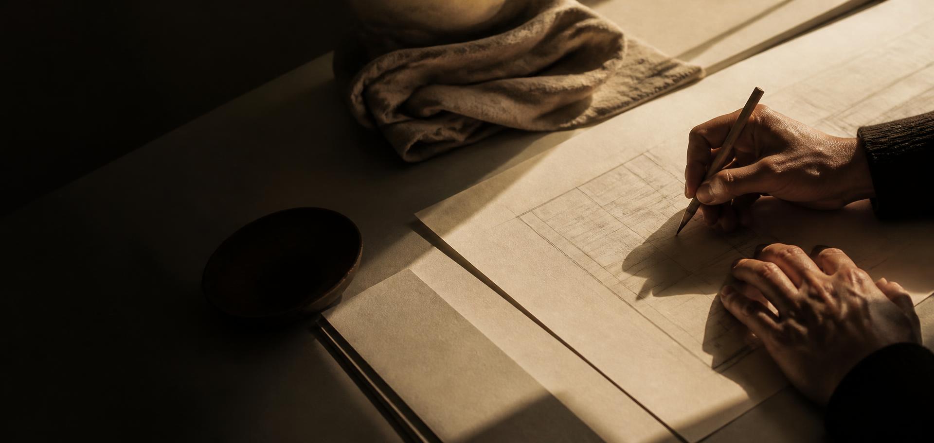 Hands sketching layout grids in pencil on cream paper in warm low light