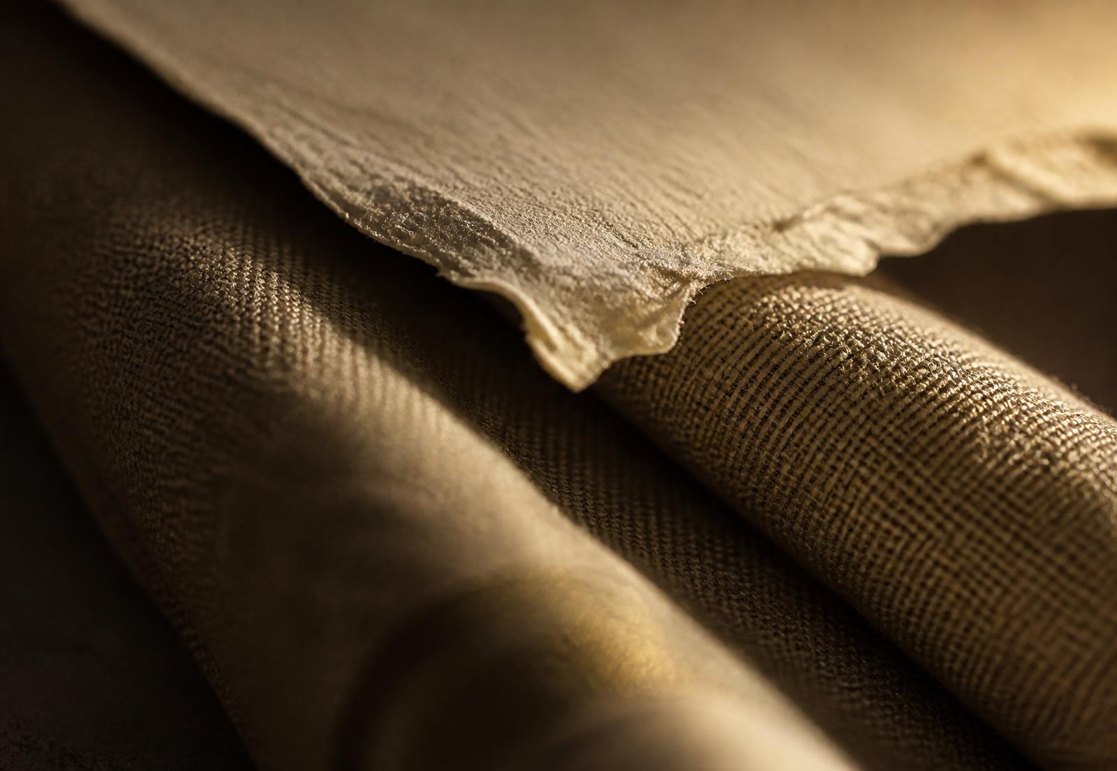 Macro detail of a torn deckle paper edge resting on folded linen